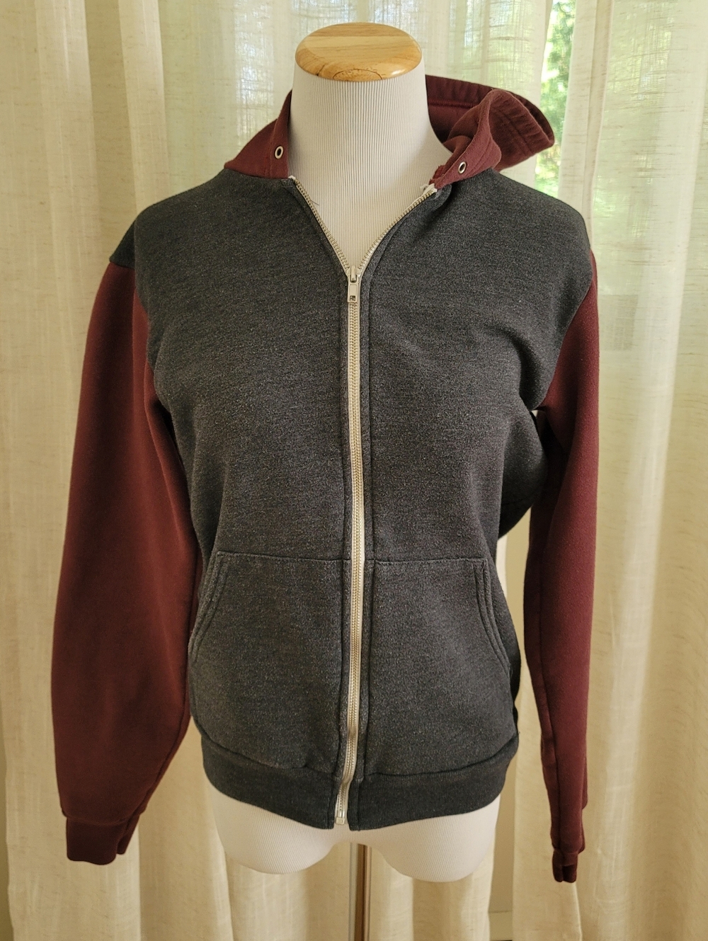 American Apparel Hoodie Zip Up Burgundy Charcoal Size S Pre-owned